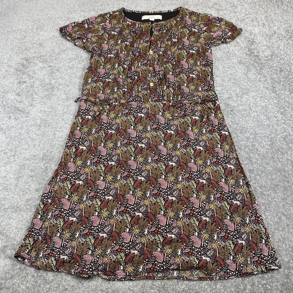 LOFT Dress Women XXS Petite Black Jungle Animal Palm Paradise Pintucked Side Tie